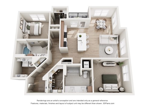 A 3D floor plan of a house with a kitchen, living room, and bedrooms.